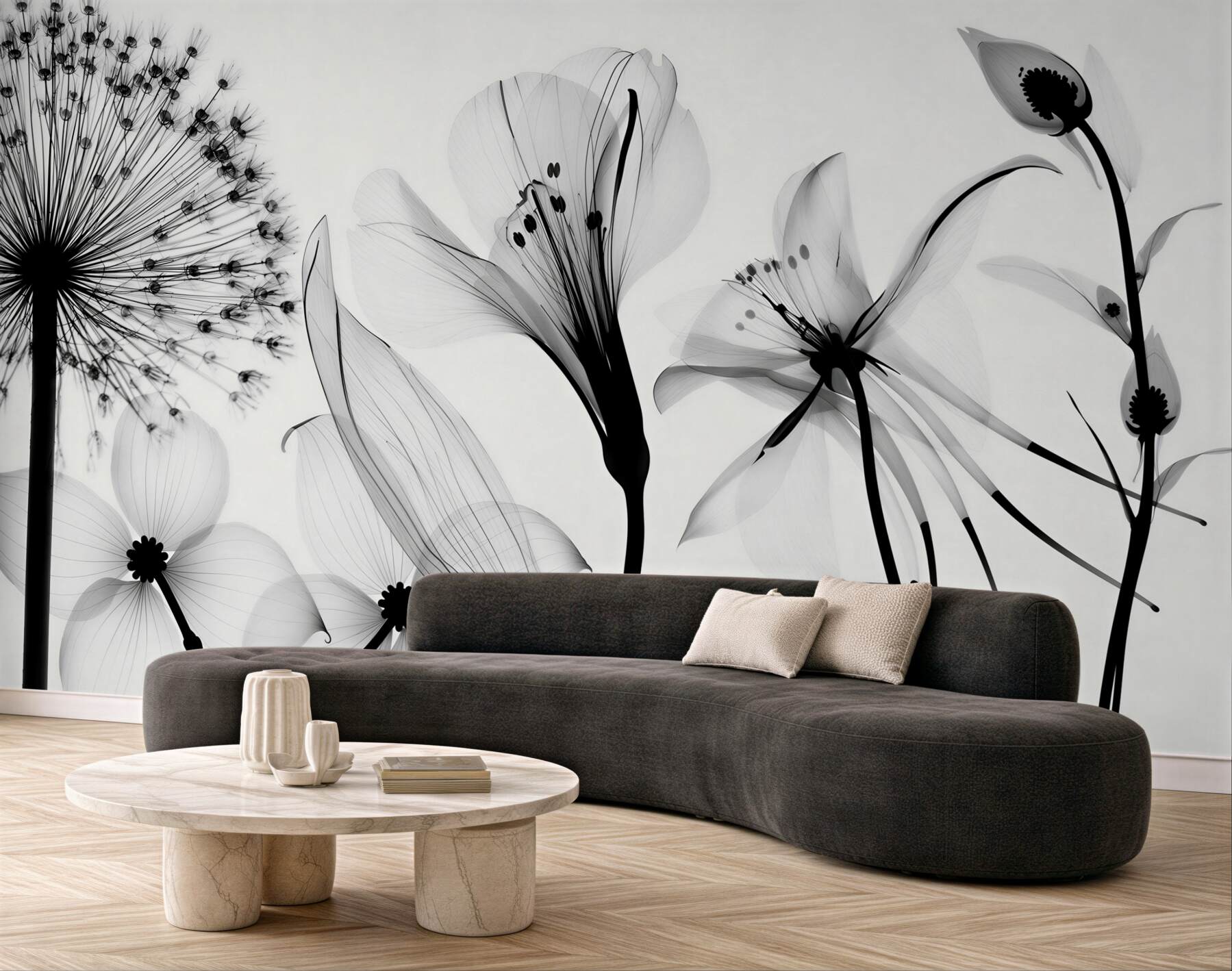 Papier peint pissenlit blanc sur fond blanc