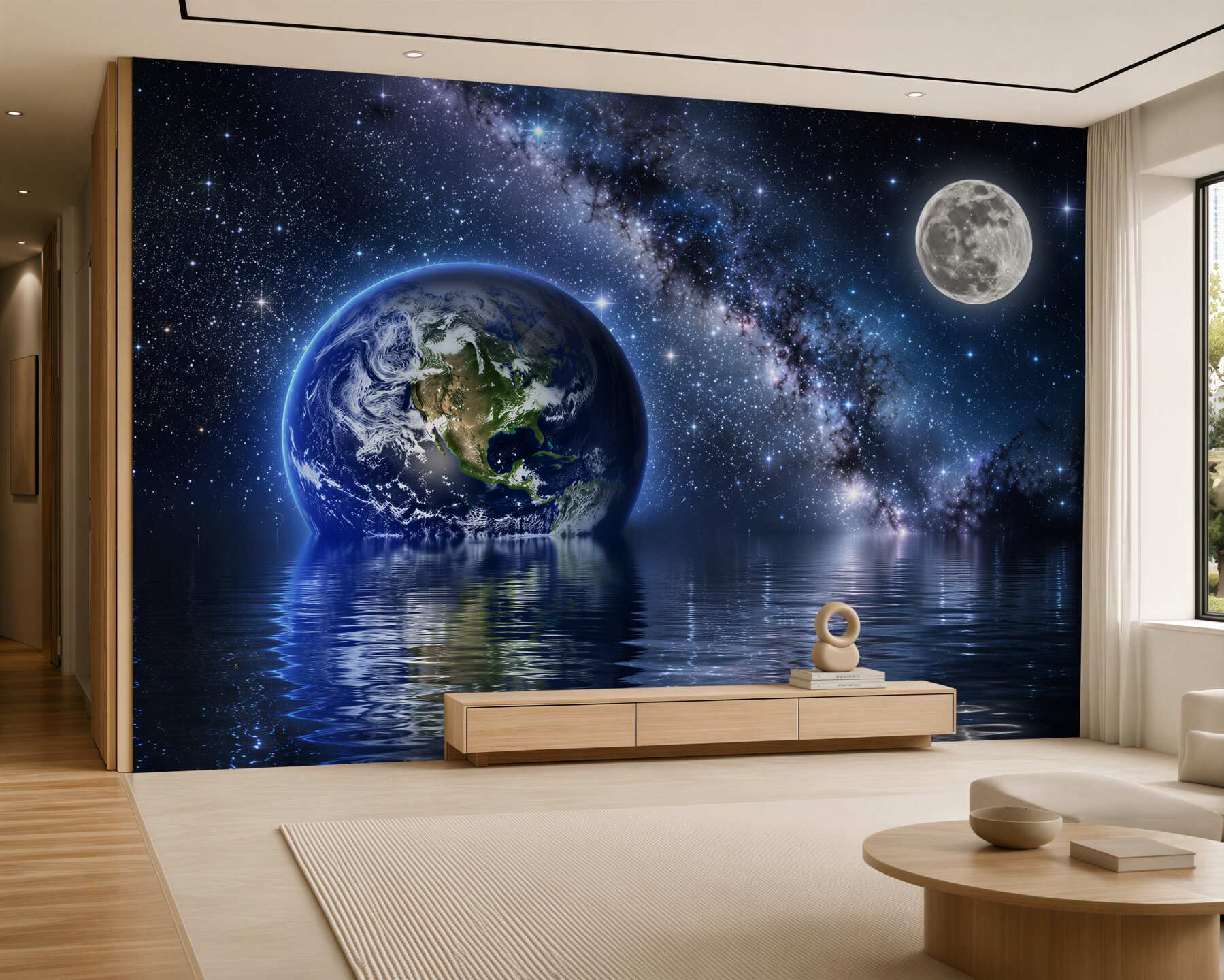 Papier peint terre et lune dans l'espace près de l'eau