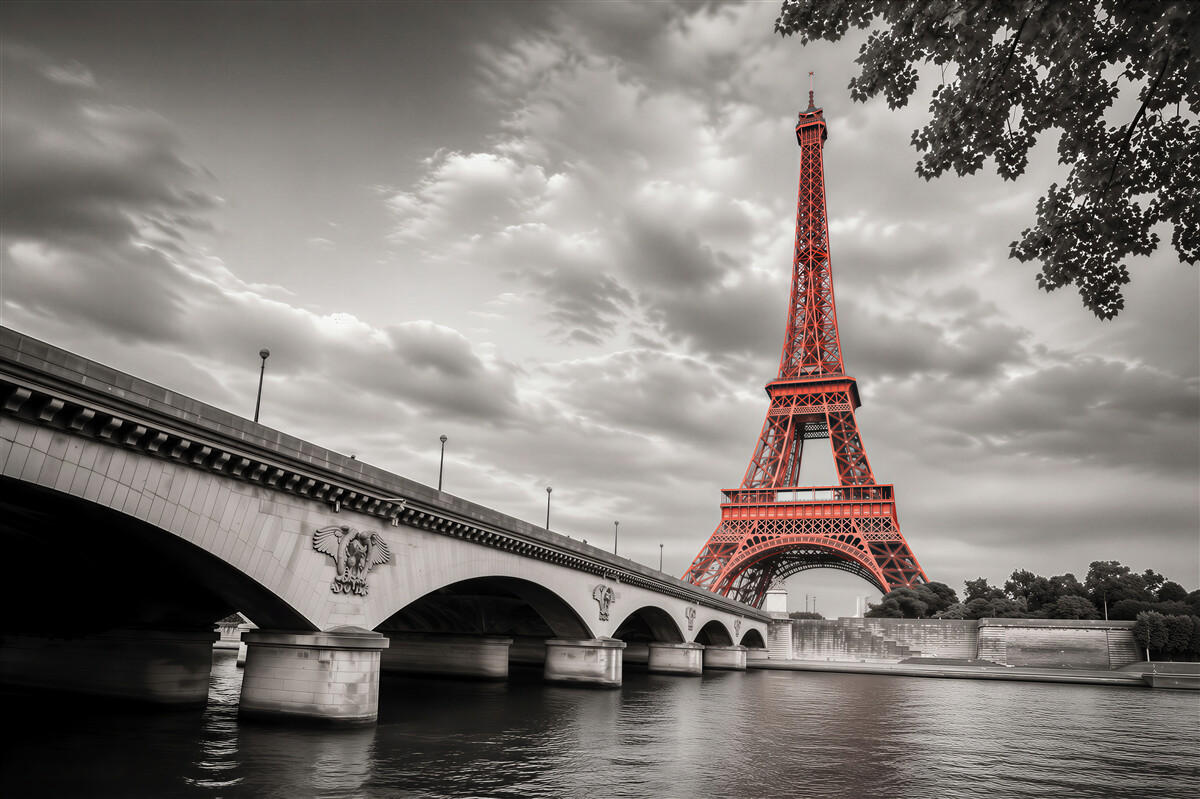 Papier peint Tour Eiffel devant un vieux pont sur la rivière