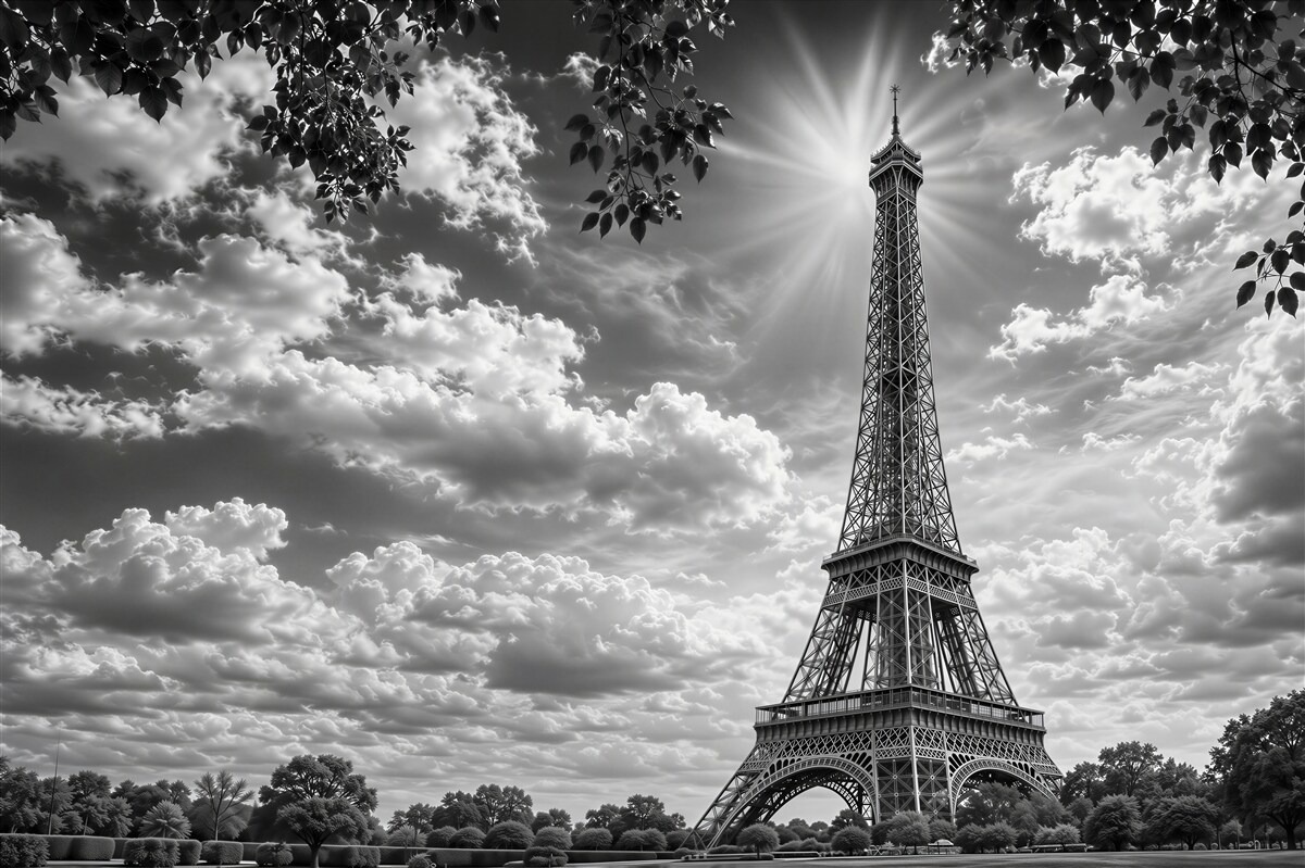 Papier peint Tour Eiffel au soleil en noir et blanc