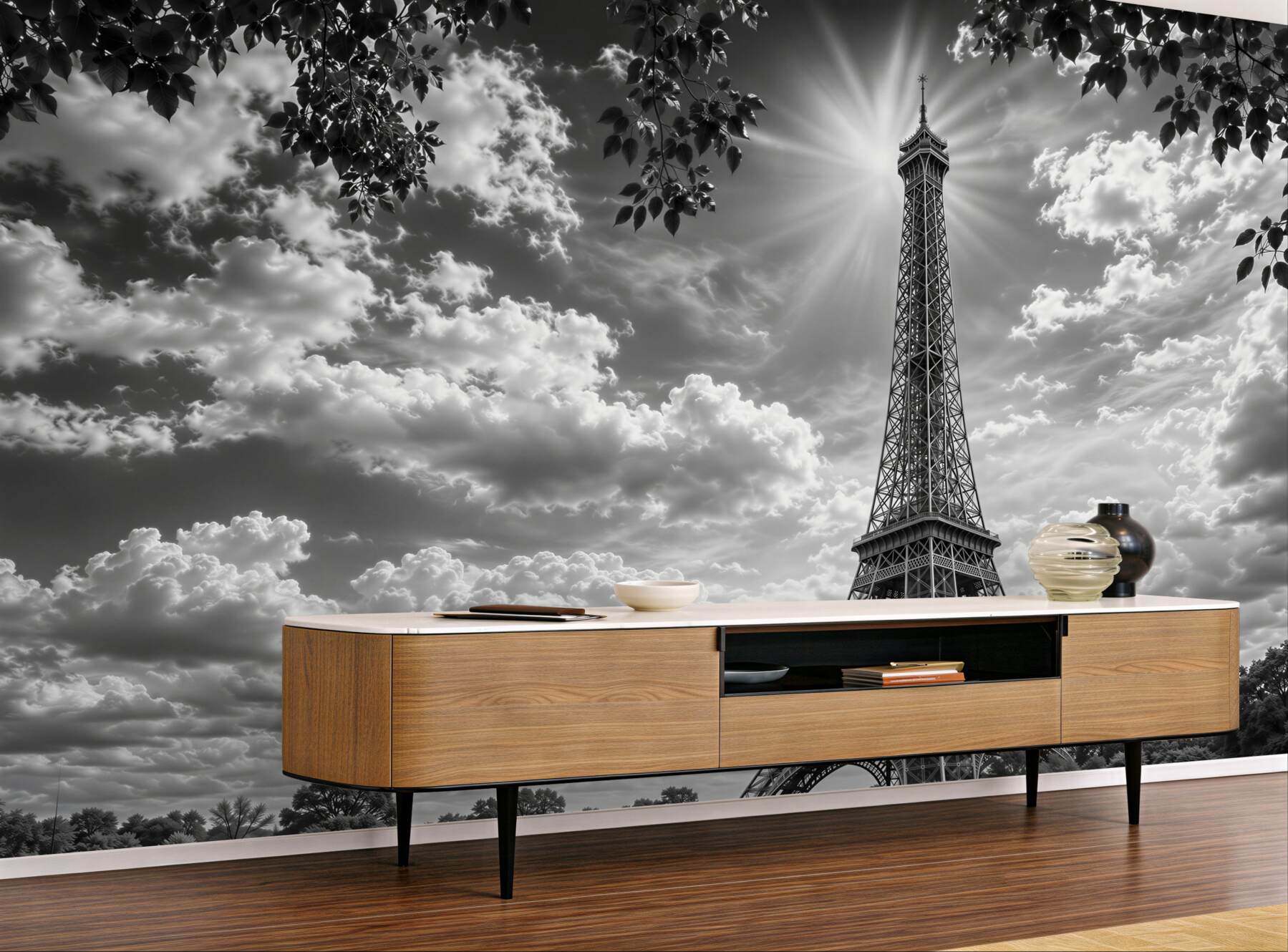 Papier peint Tour Eiffel au soleil en noir et blanc