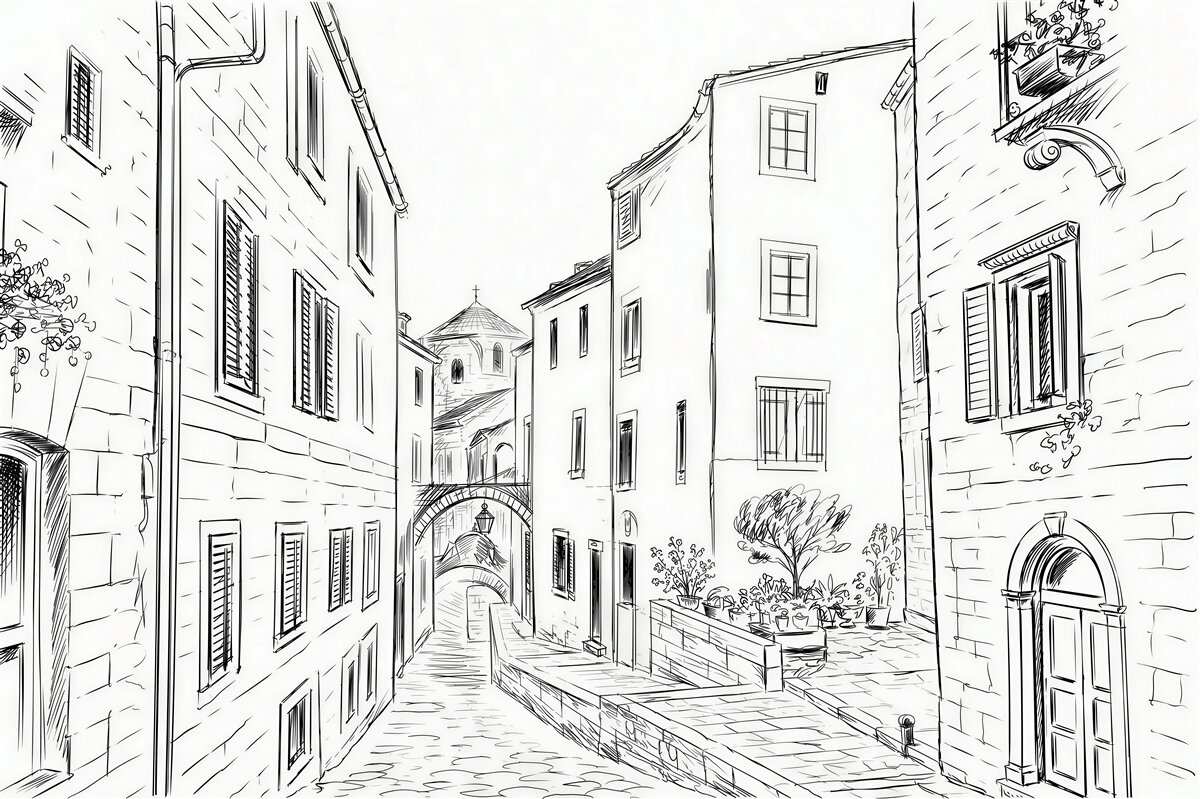 Papier peint vieille ville au crayon