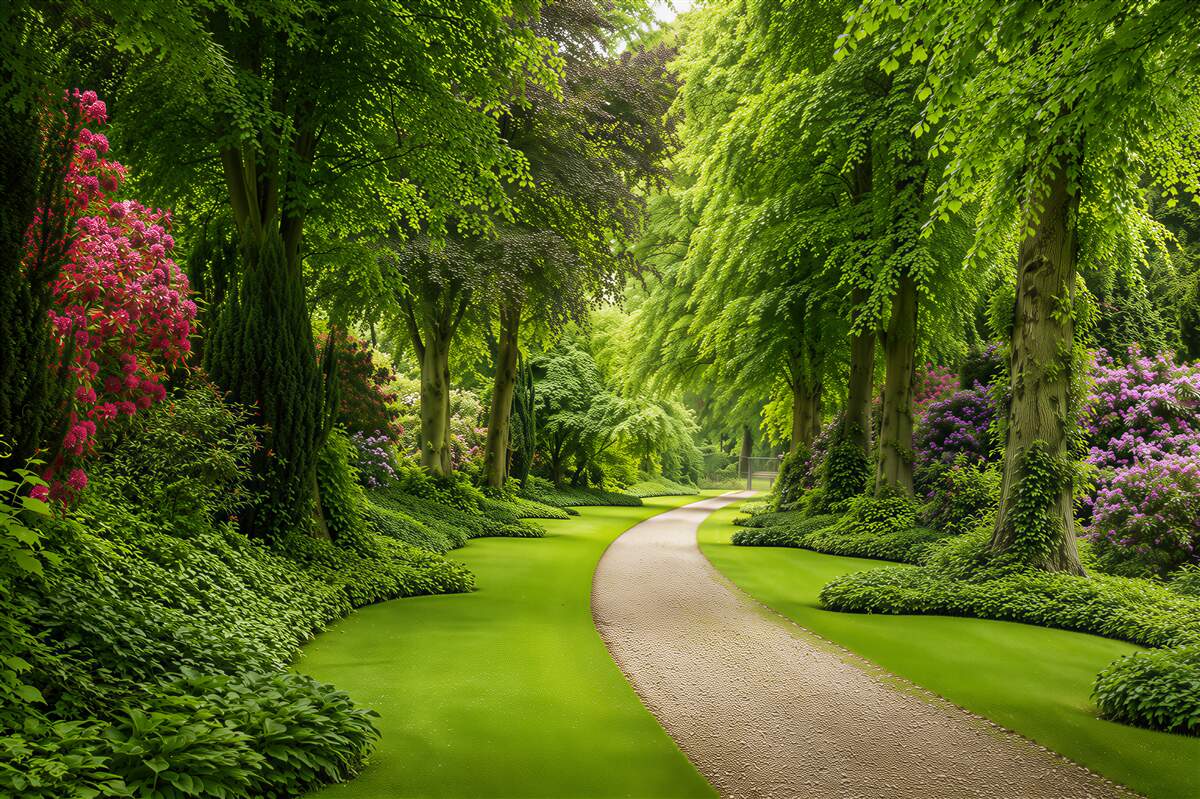 Papier peint chemin à travers une forêt verte et élancée