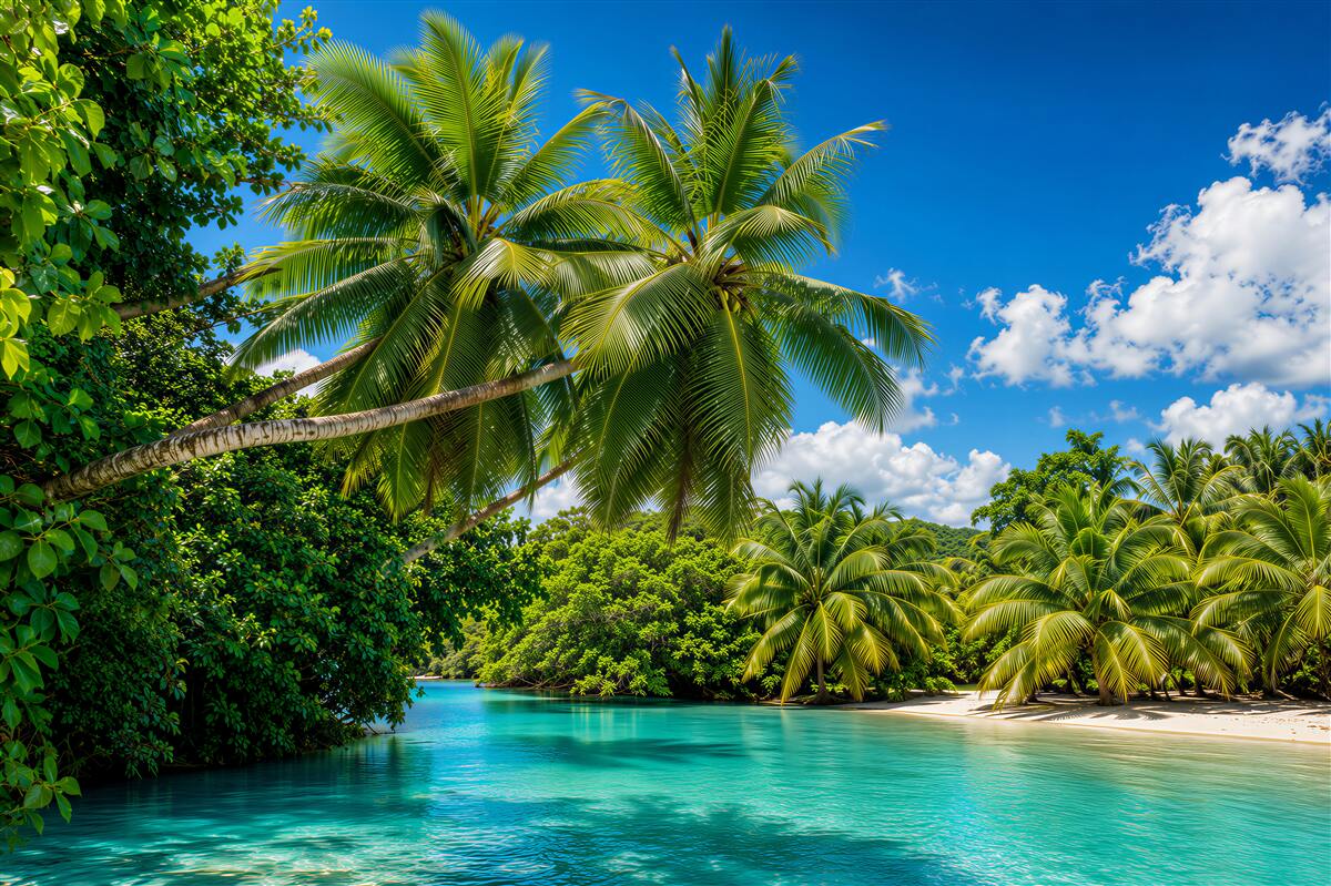 Papier peint palmiers tropicaux et eau azur