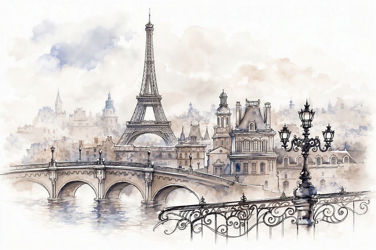 Papier peint Tour Eiffel et architecture au crayon