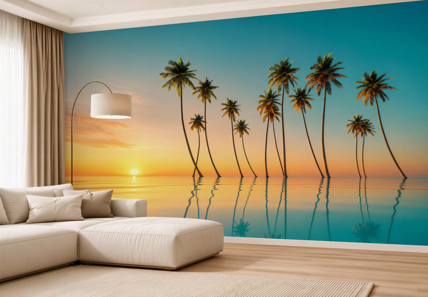 Papier peint palmiers élancés au bord de la piscine au coucher du soleil
