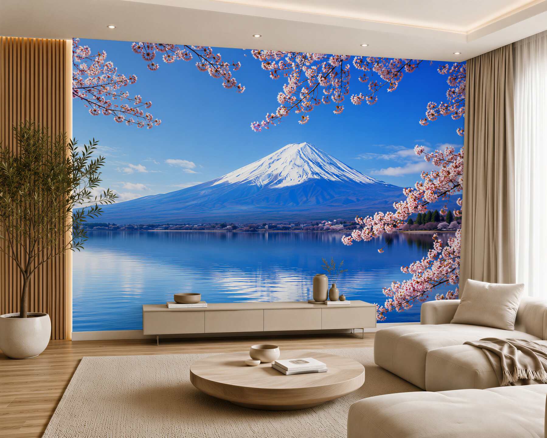 Papier peint cerisier en fleurs devant un lac et des montagnes