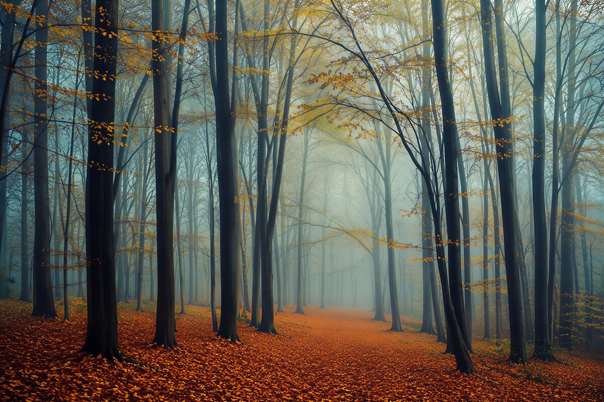 Papier peint forêt brumeuse d'automne