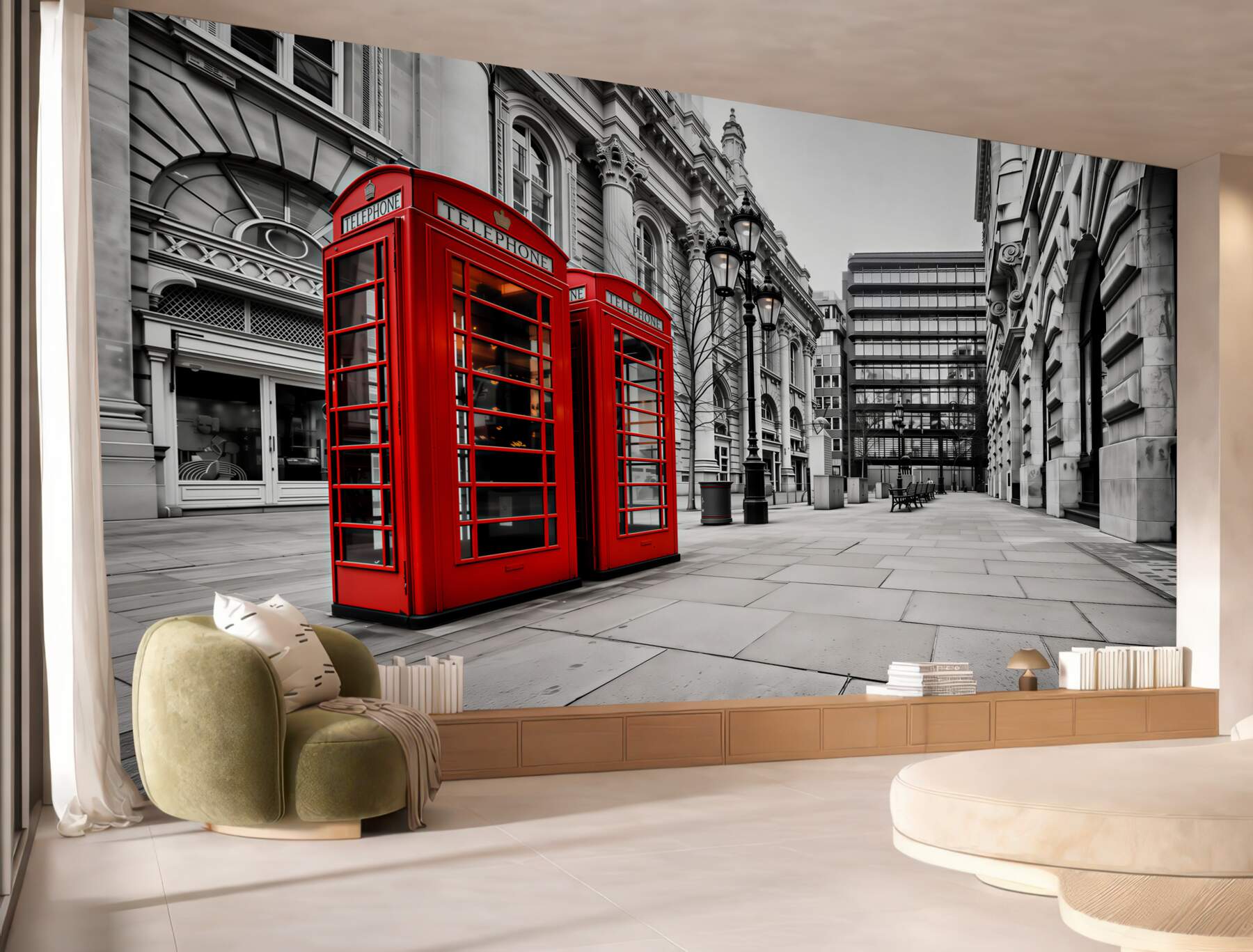 Papier peint cabines téléphoniques rouges dans une ville grise