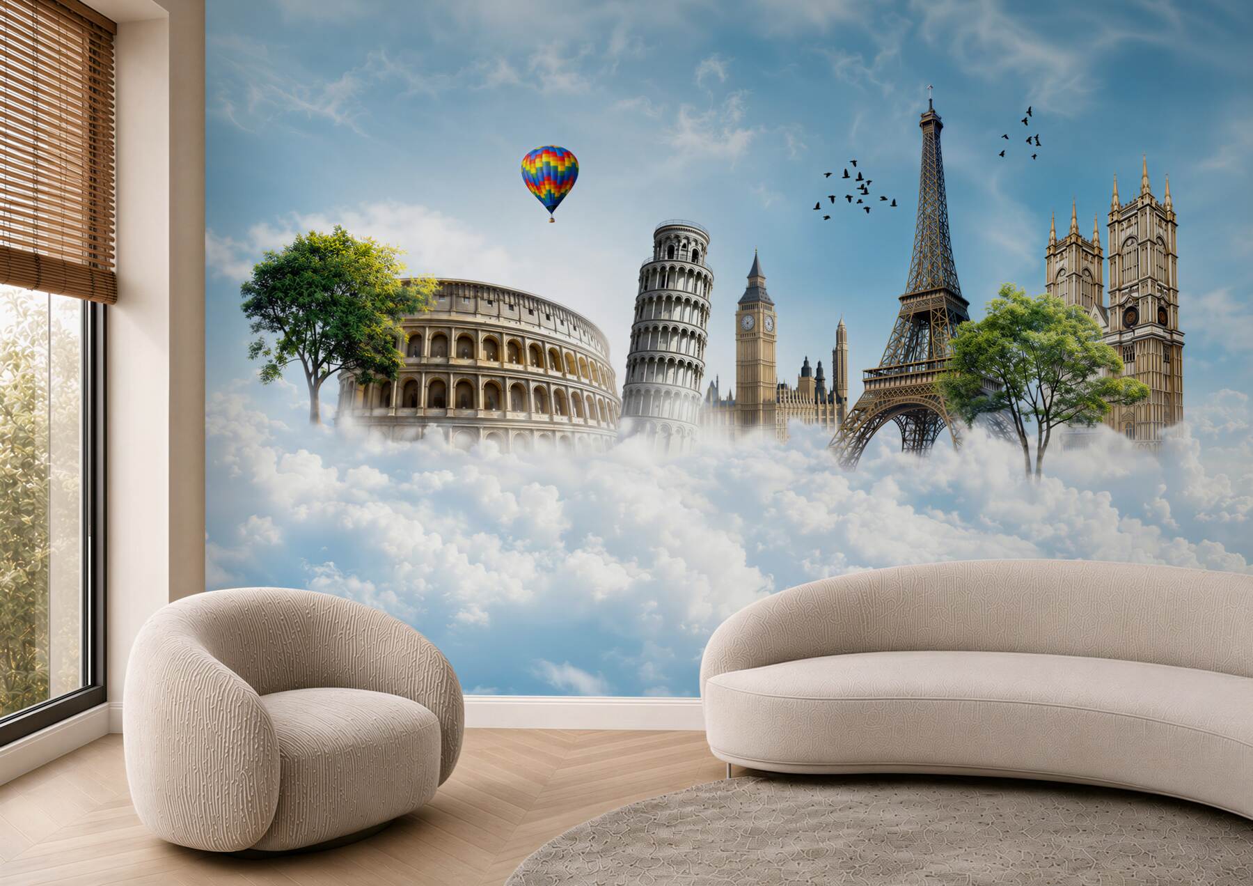 Papier peint Monuments des villes européennes dans les nuages