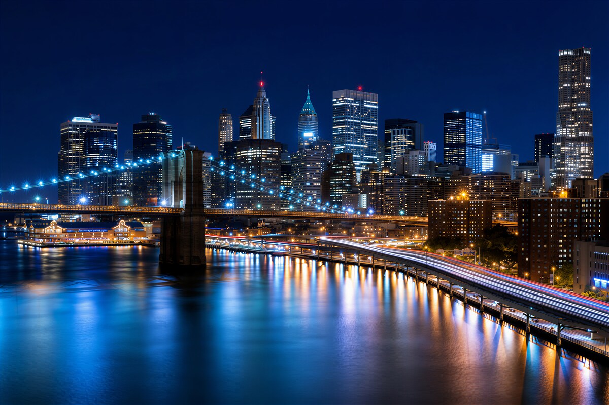 Papier peint Quai à Manhattan illuminé la nuit