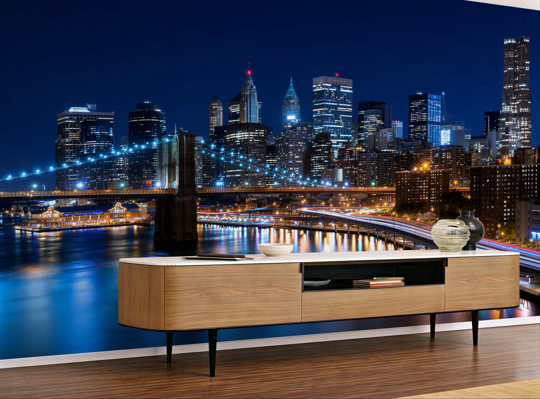 Papier peint Quai à Manhattan illuminé la nuit
