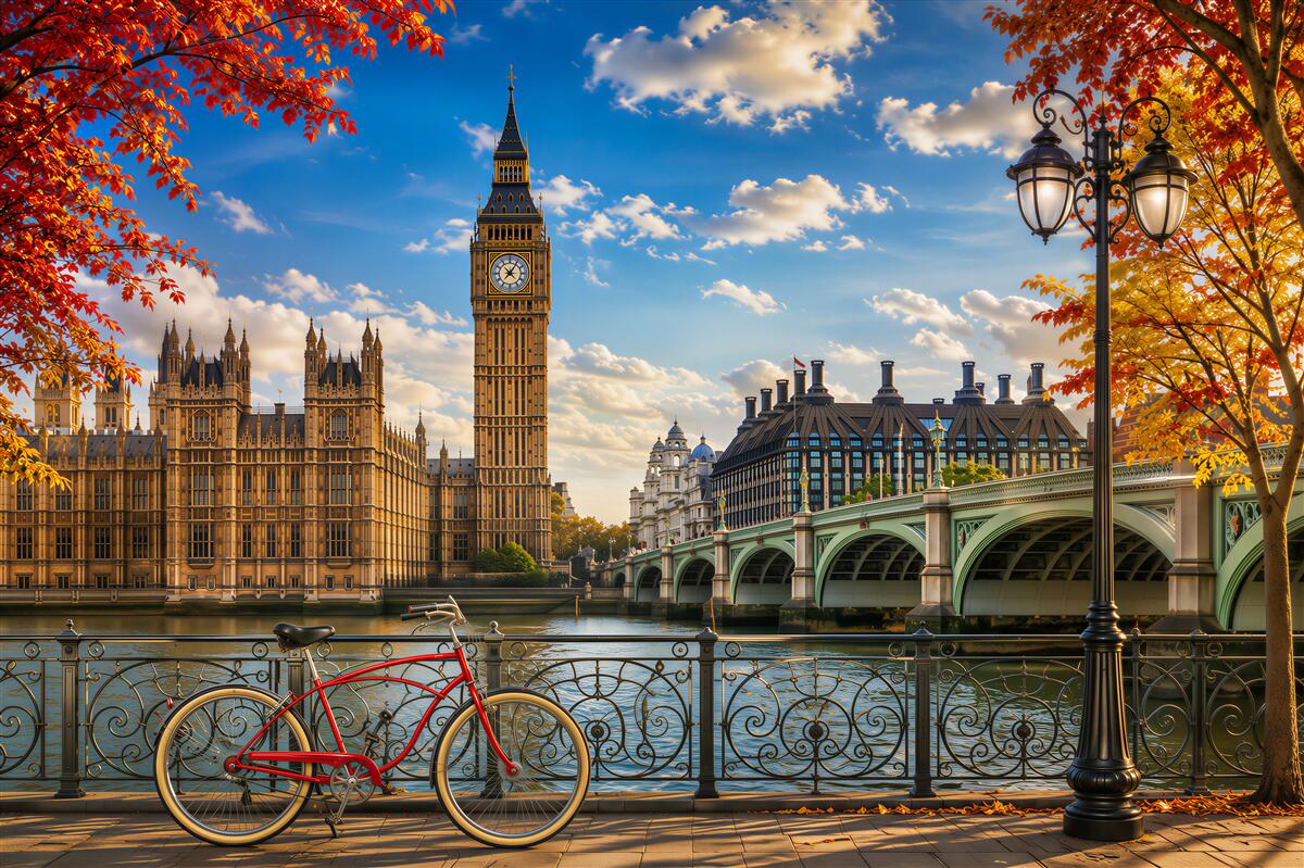Papier peint pont de la Tamise et Big Ben en automne