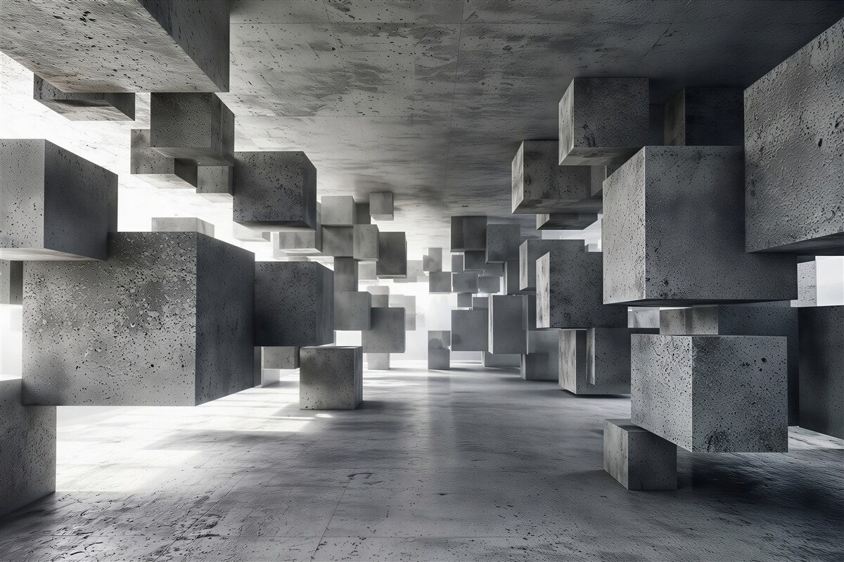 Papier peint cubes gris flottants dans un tunnel qui recule