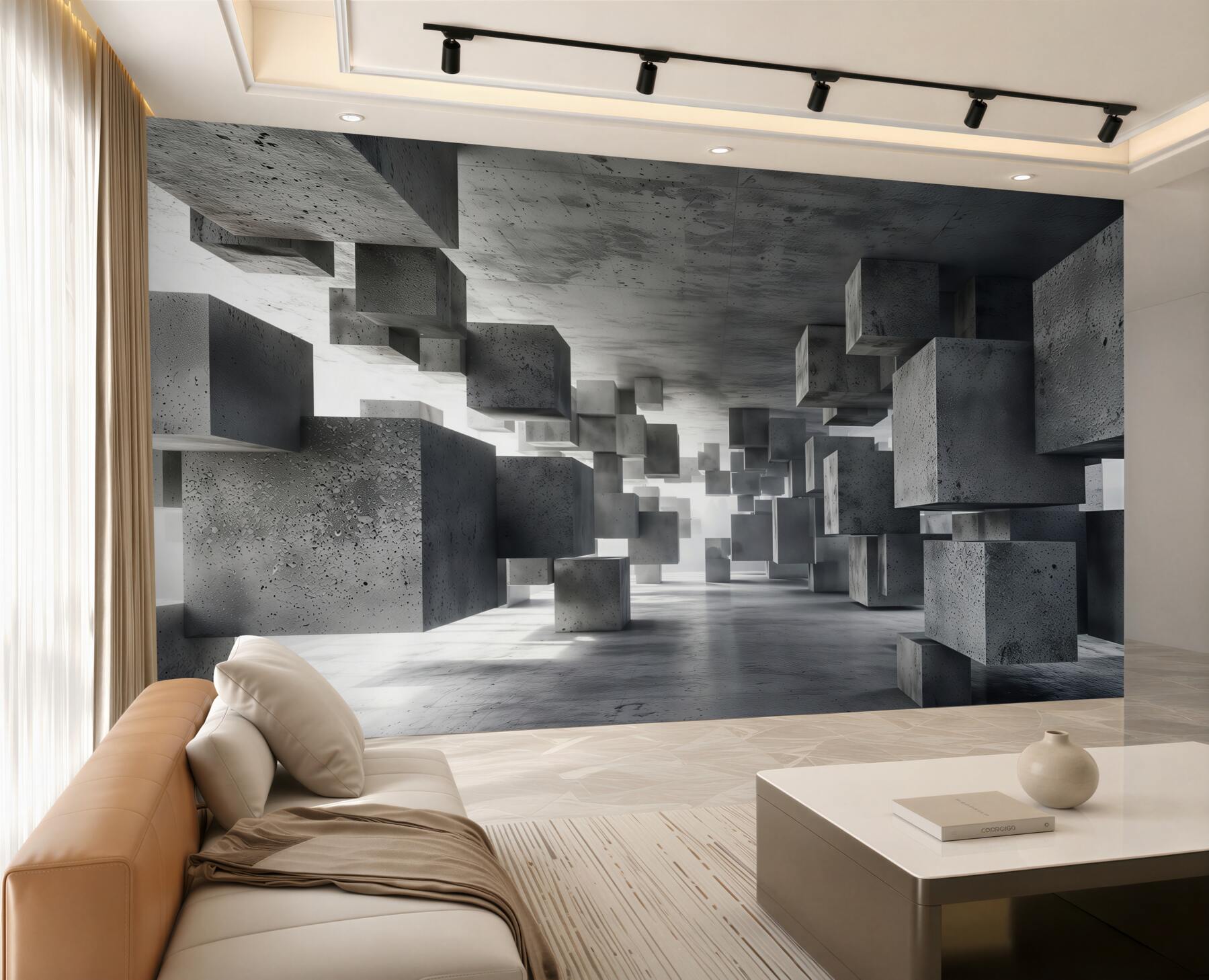 Papier peint cubes gris flottants dans un tunnel qui recule