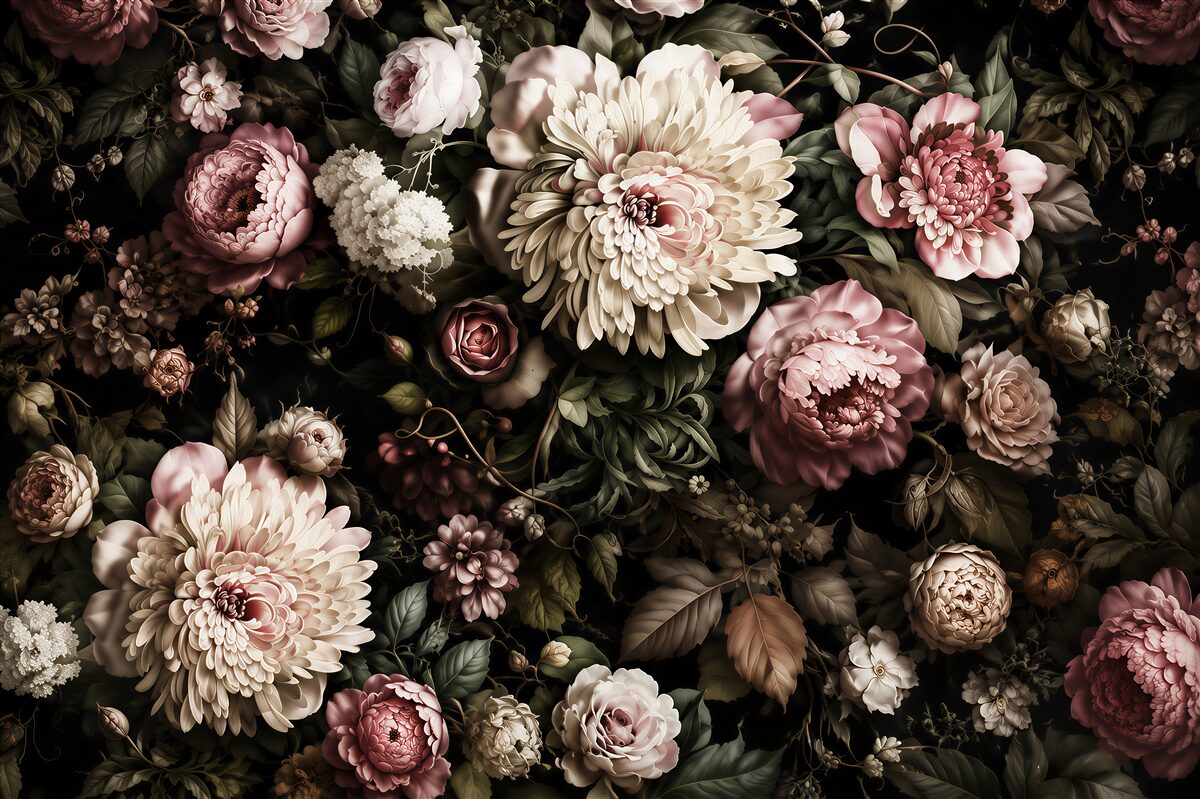 Papier peint beaux bouquets de fleurs variées dans des tons sombres