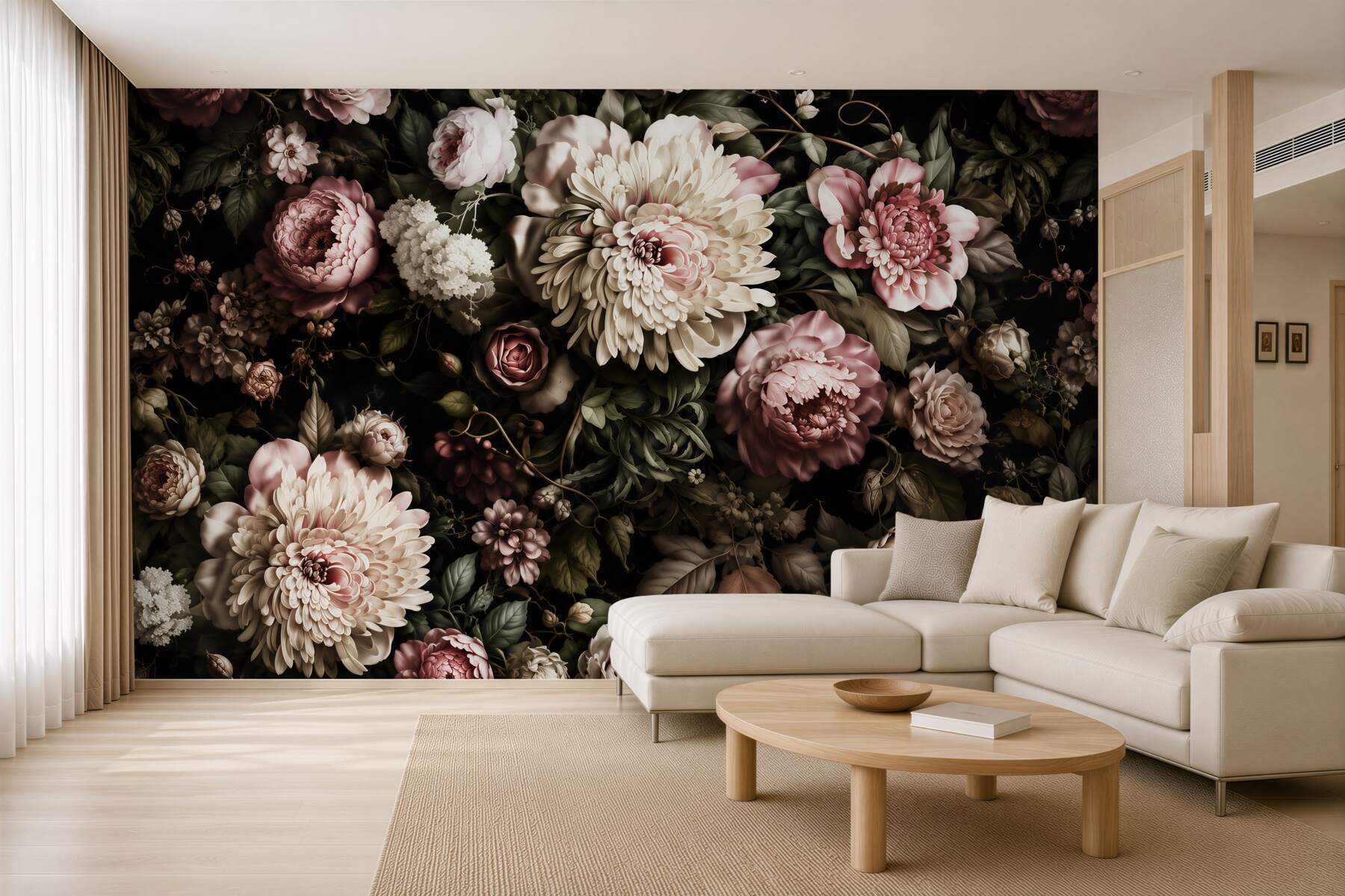 Papier peint beaux bouquets de fleurs variées dans des tons sombres
