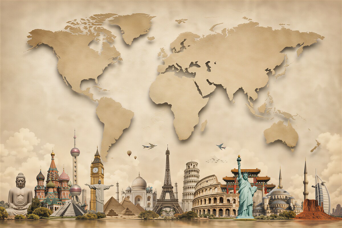 Papier peint carte du monde et attractions principales