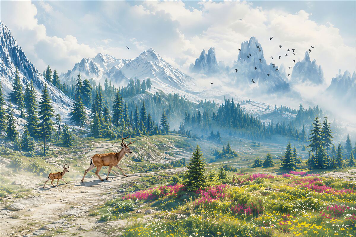 Papier peint promenade de cerfs parmi les montagnes
