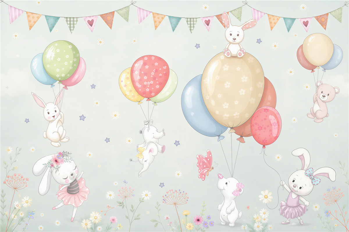 Papier peint Petits lapins et ours avec des ballons
