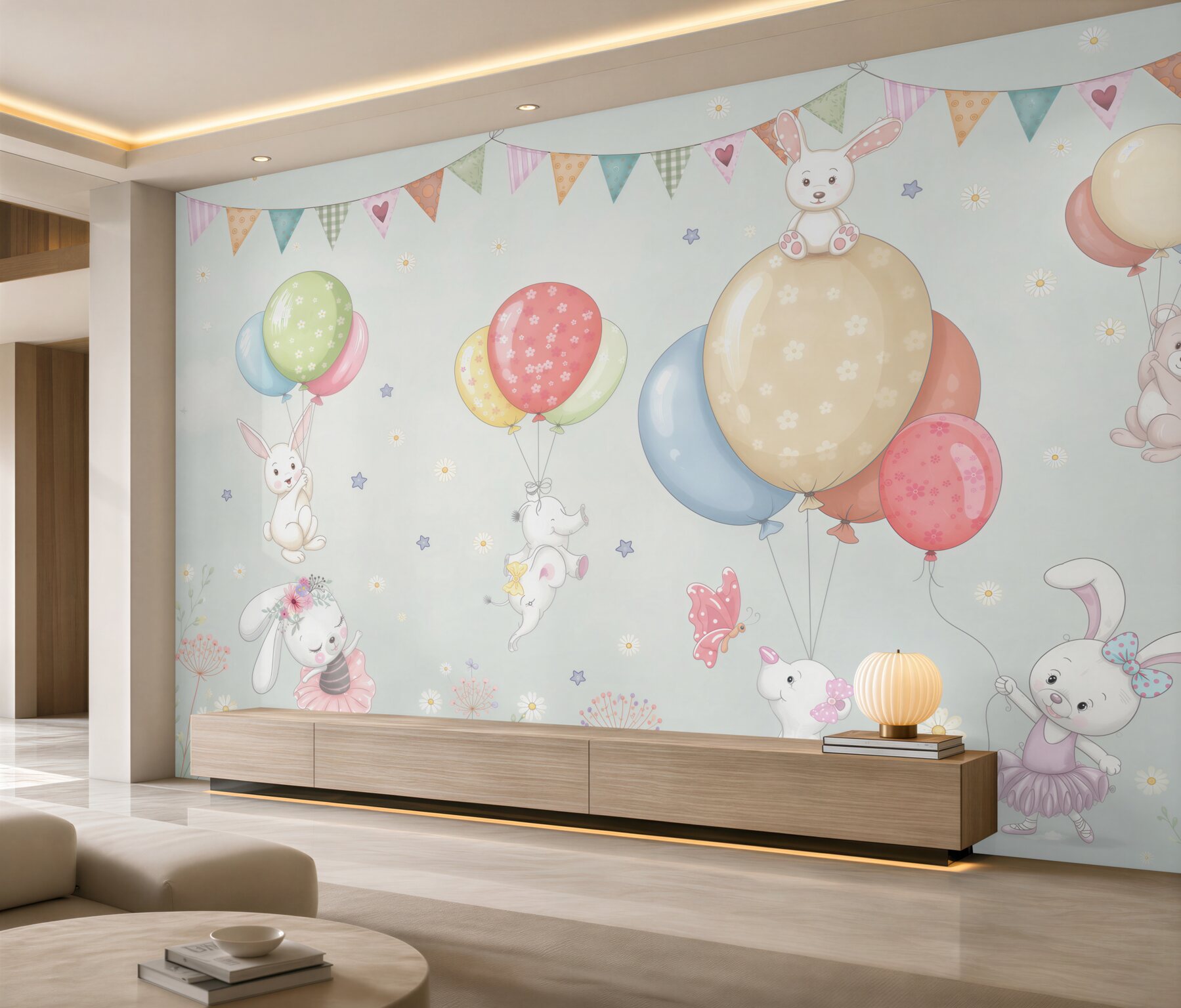 Papier peint Petits lapins et ours avec des ballons