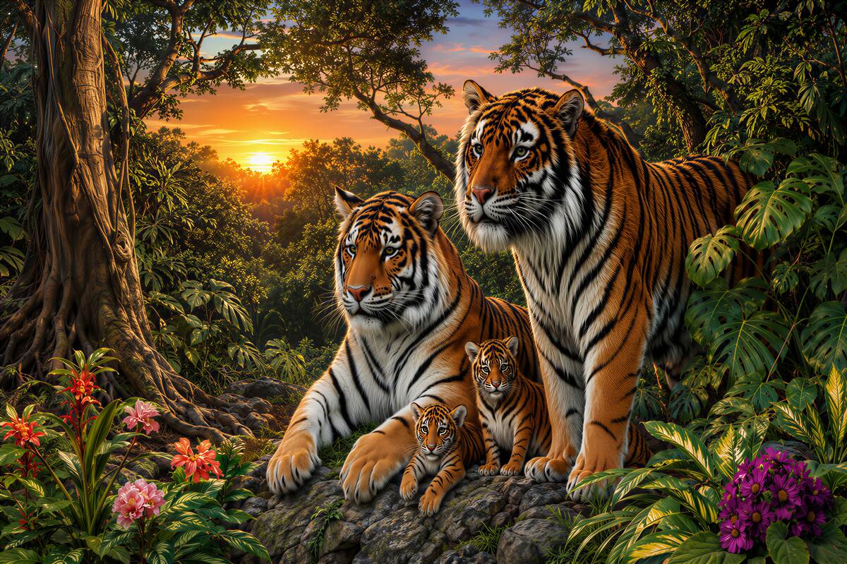 Papier peint Famille de tigres dans la jungle