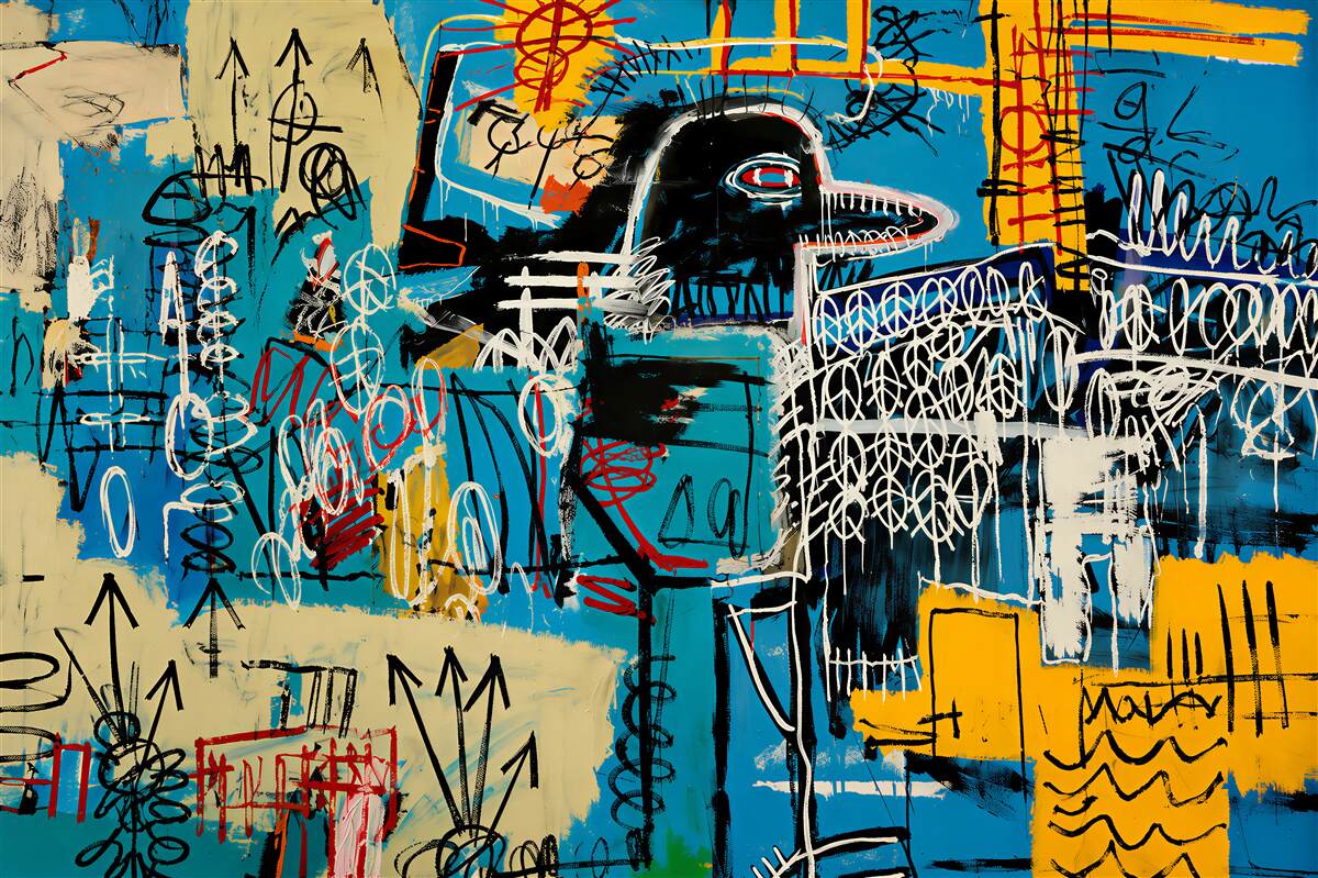 Papier peint signes dessinés et tête d'oiseau