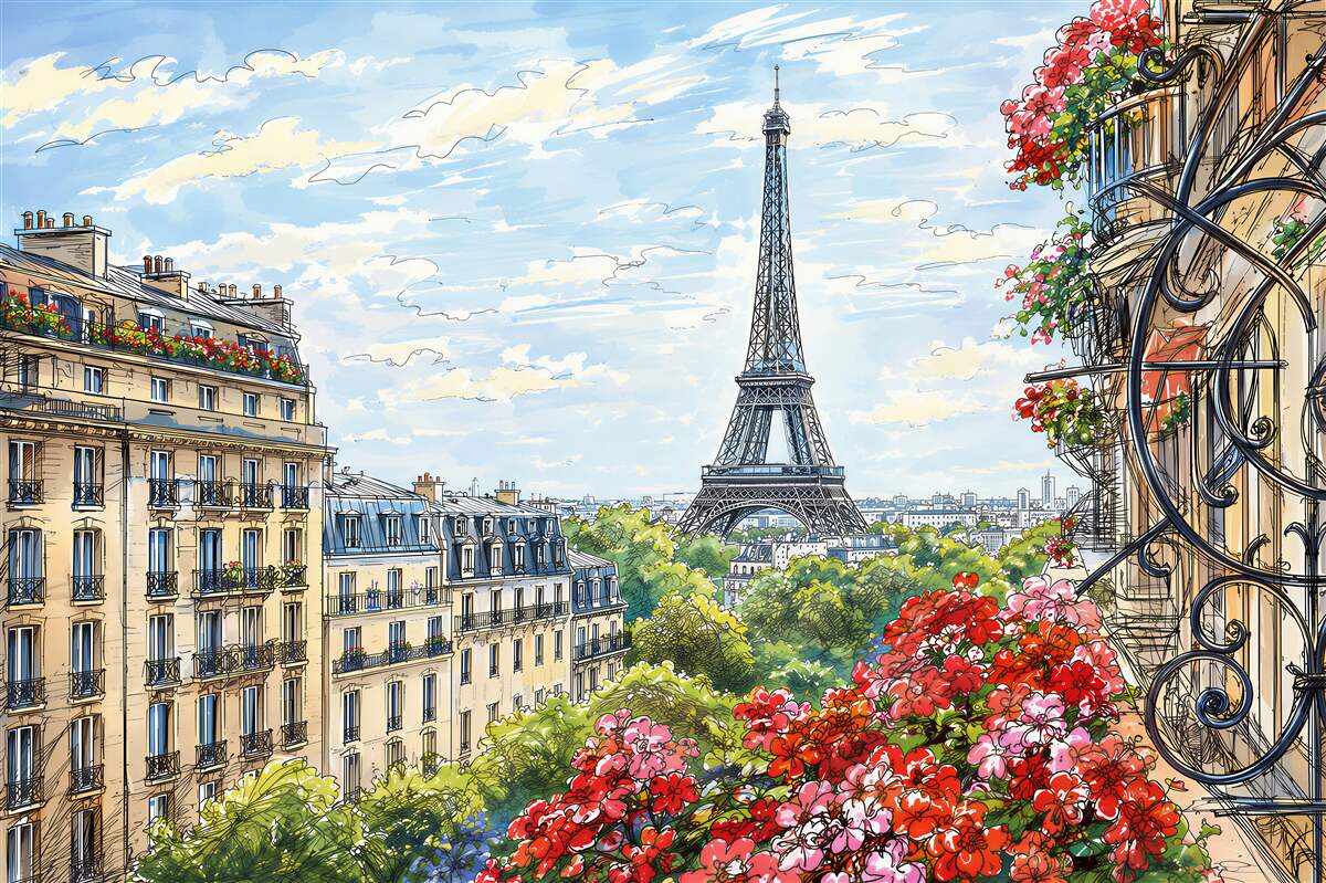 Papier peint belle vue de la Tour Eiffel depuis le balcon