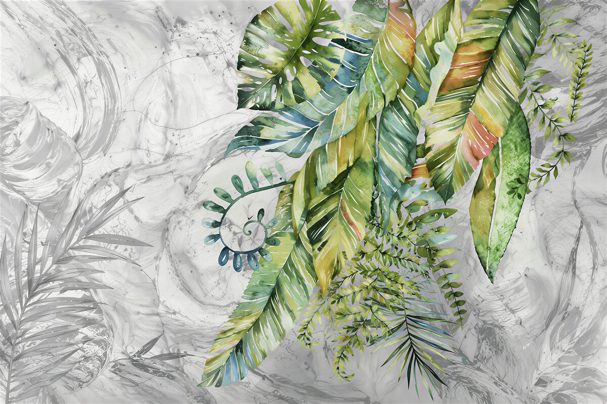 Papier peint Différentes feuilles sur fond gris