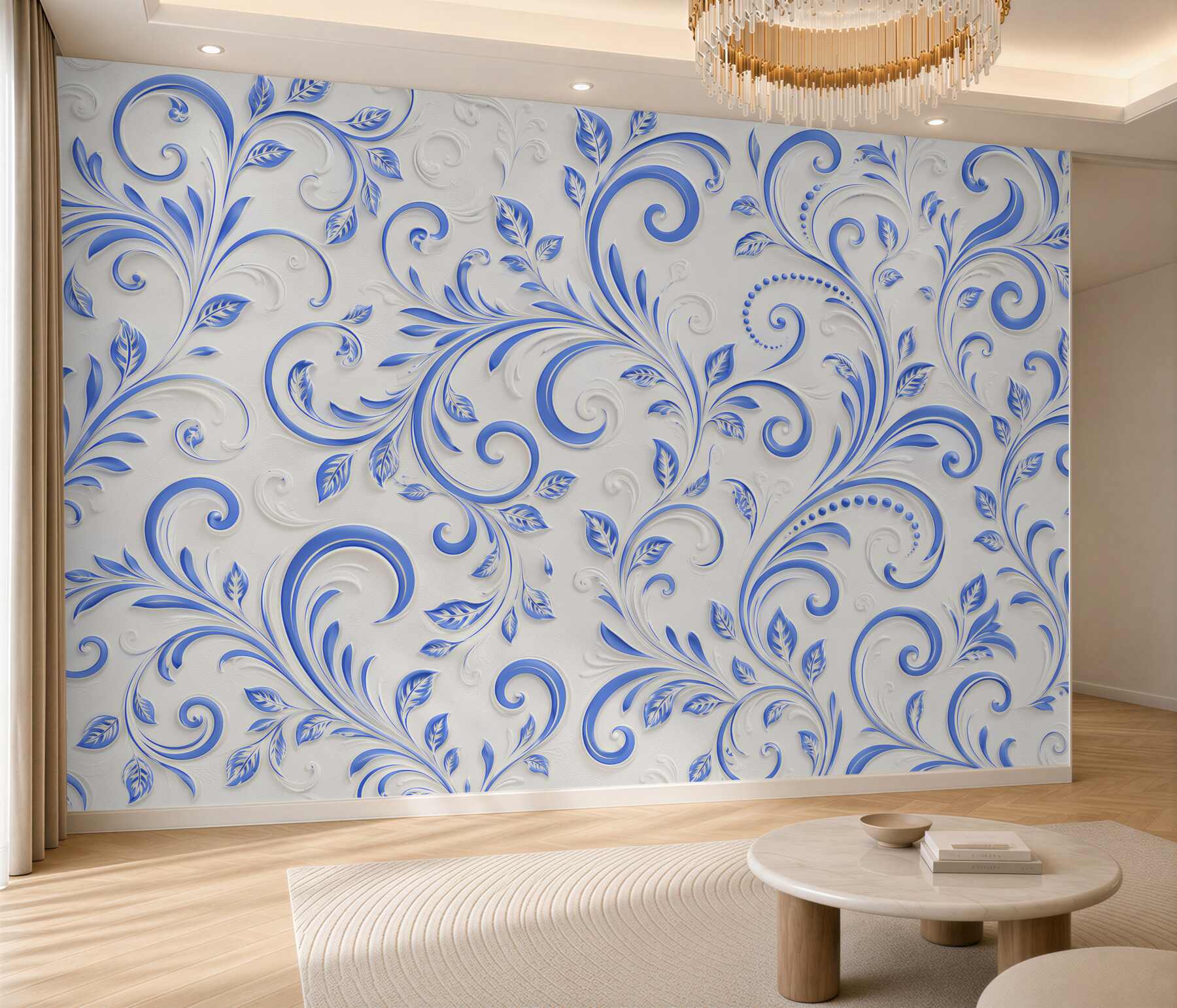 Papier peint boucles bleues sur fond blanc