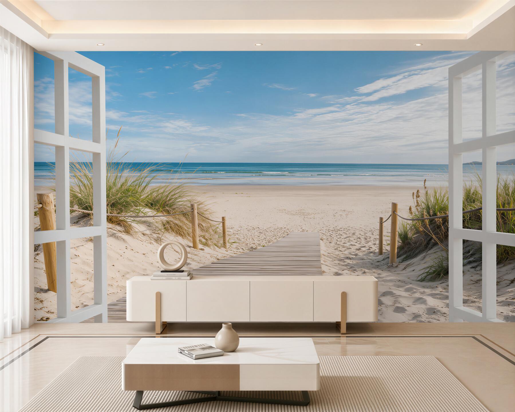 Papier peint fenêtre ouverte avec vue sur l'océan et la plage