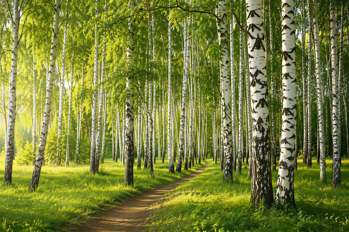 Papier peint chemin menant à la forêt de bouleaux