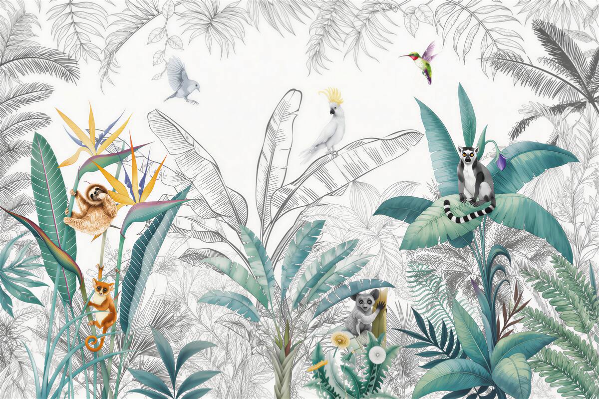 Papier peint Animaux et oiseaux dans différentes feuilles