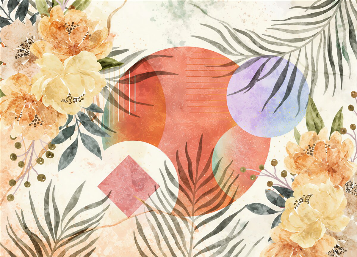 Papier peint Fond avec des feuilles, des fleurs et des formes géométriques