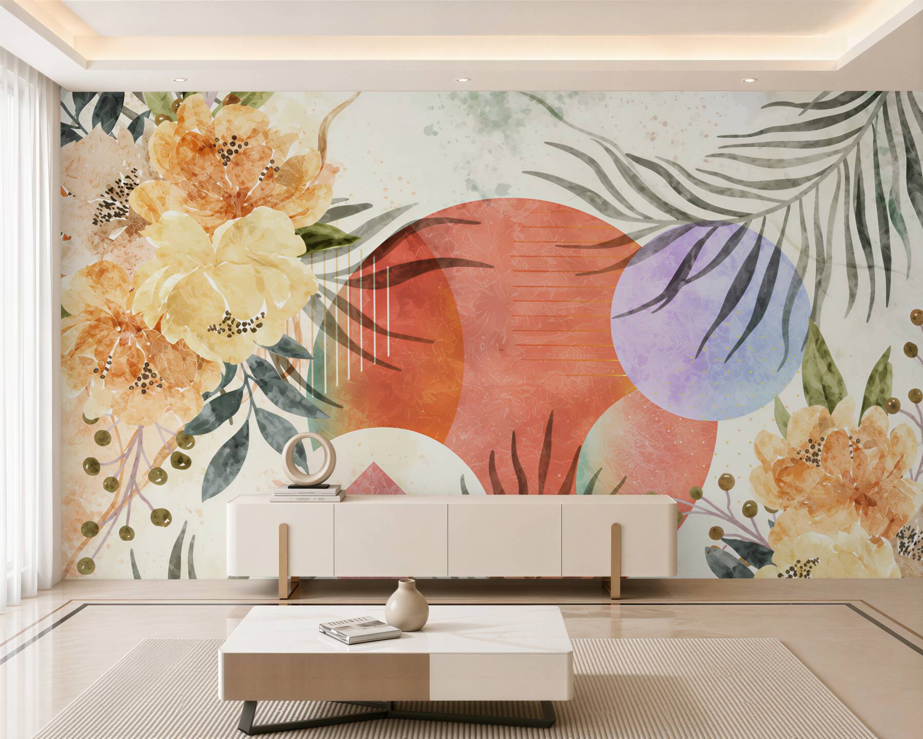 Papier peint Fond avec des feuilles, des fleurs et des formes géométriques
