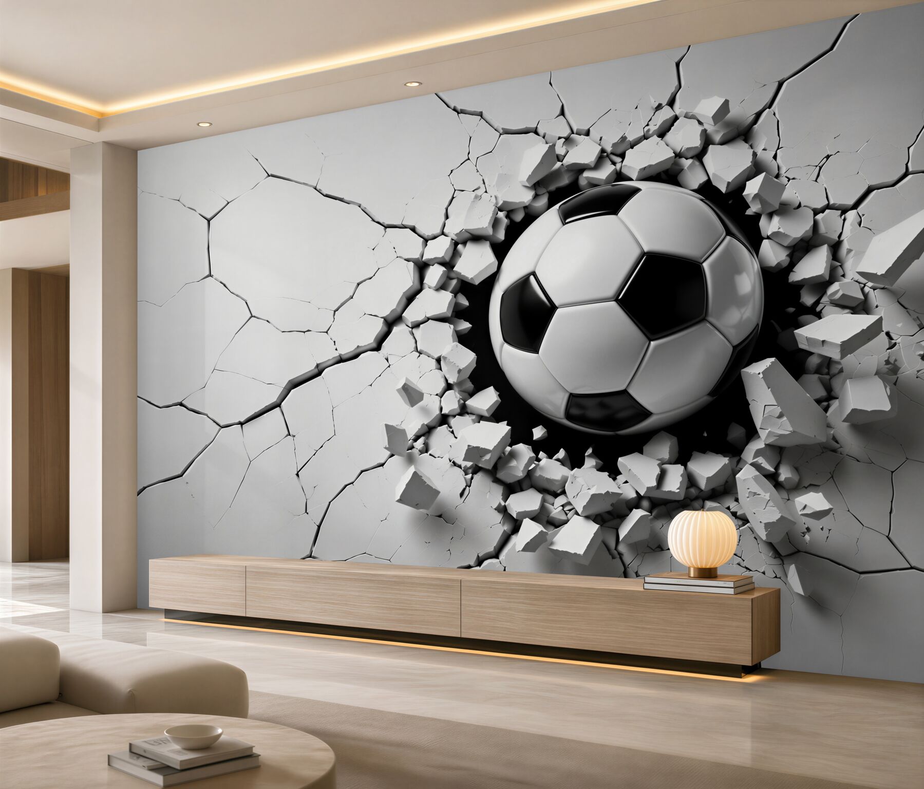 Papier peint Un ballon de football brise un mur