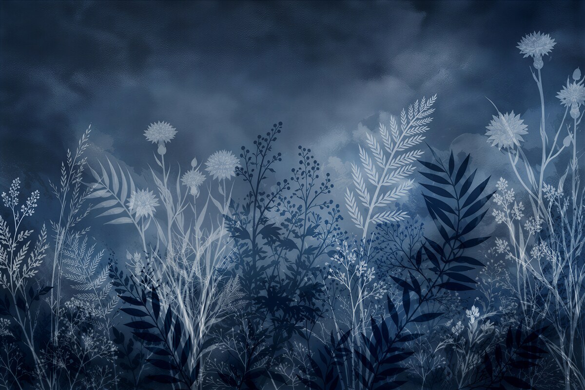 Papier peint nuit lunaire au-dessus d'un pré et de plantes