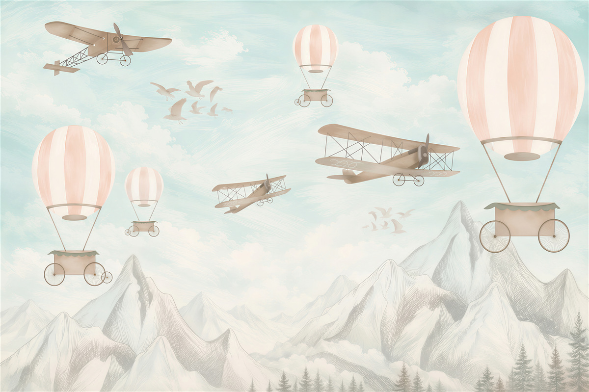 Papier peint Avions et ballons volent au-dessus des montagnes
