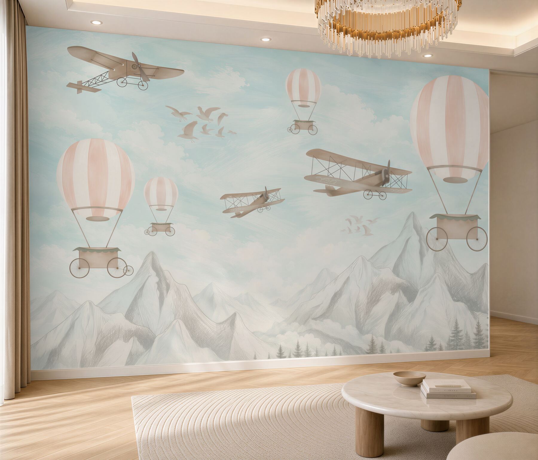 Papier peint Avions et ballons volent au-dessus des montagnes