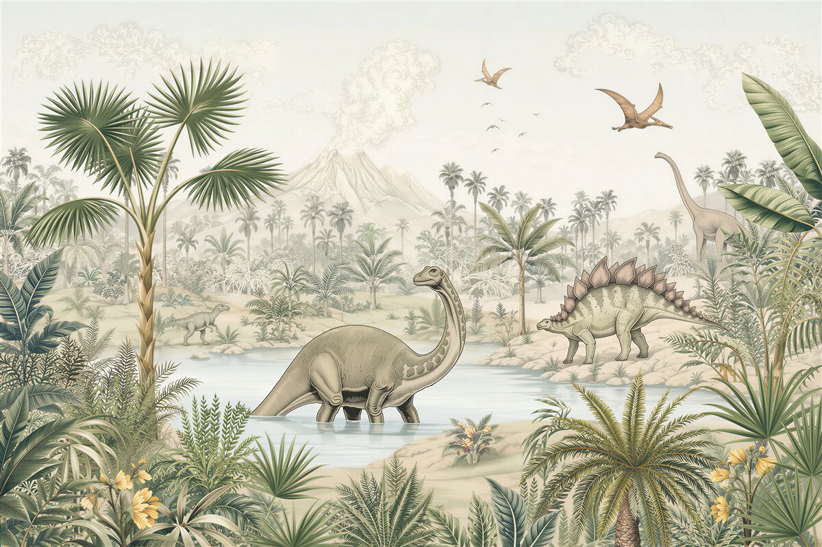 Papier peint Dinosaures au bord de l'eau dans la forêt