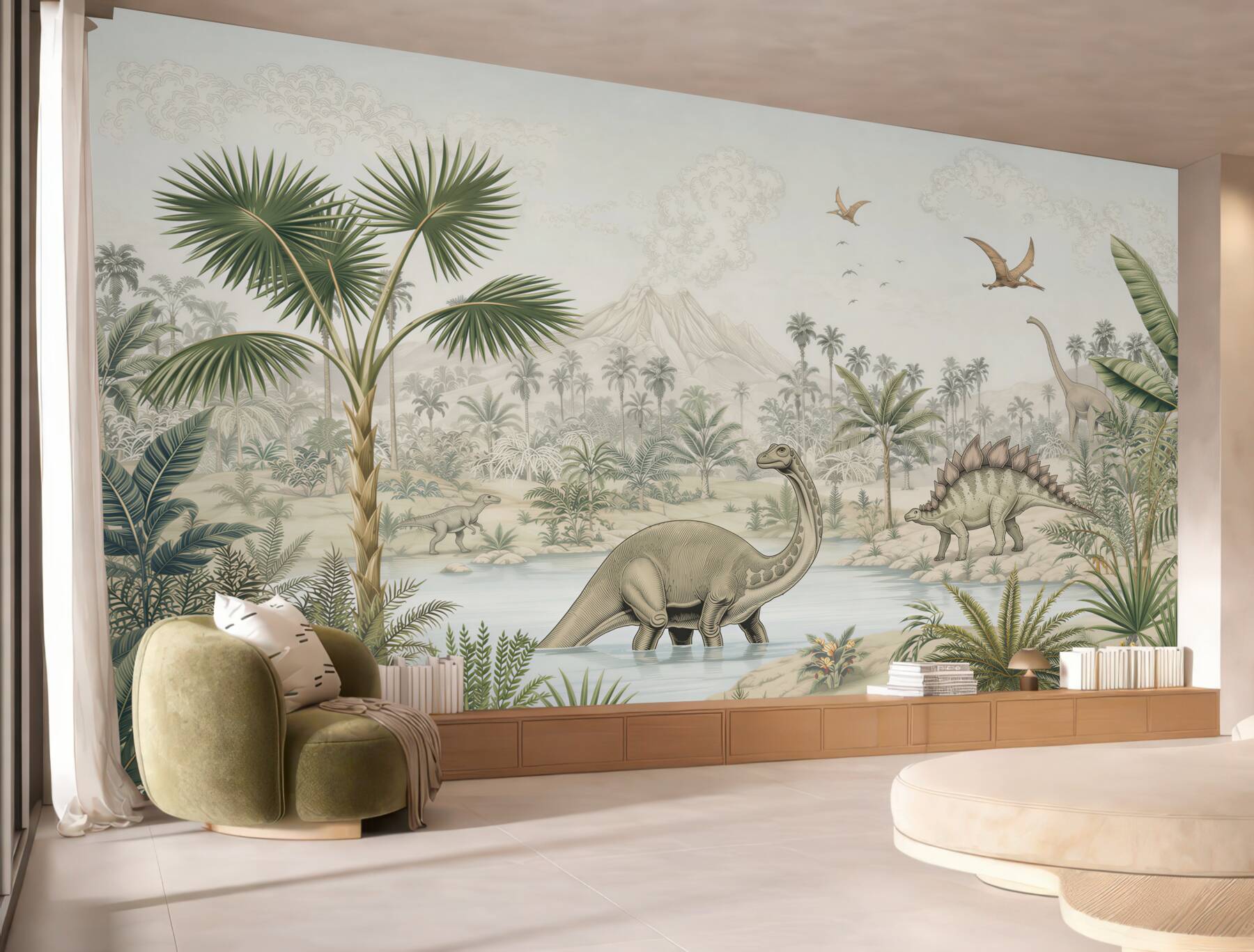 Papier peint Dinosaures au bord de l'eau dans la forêt