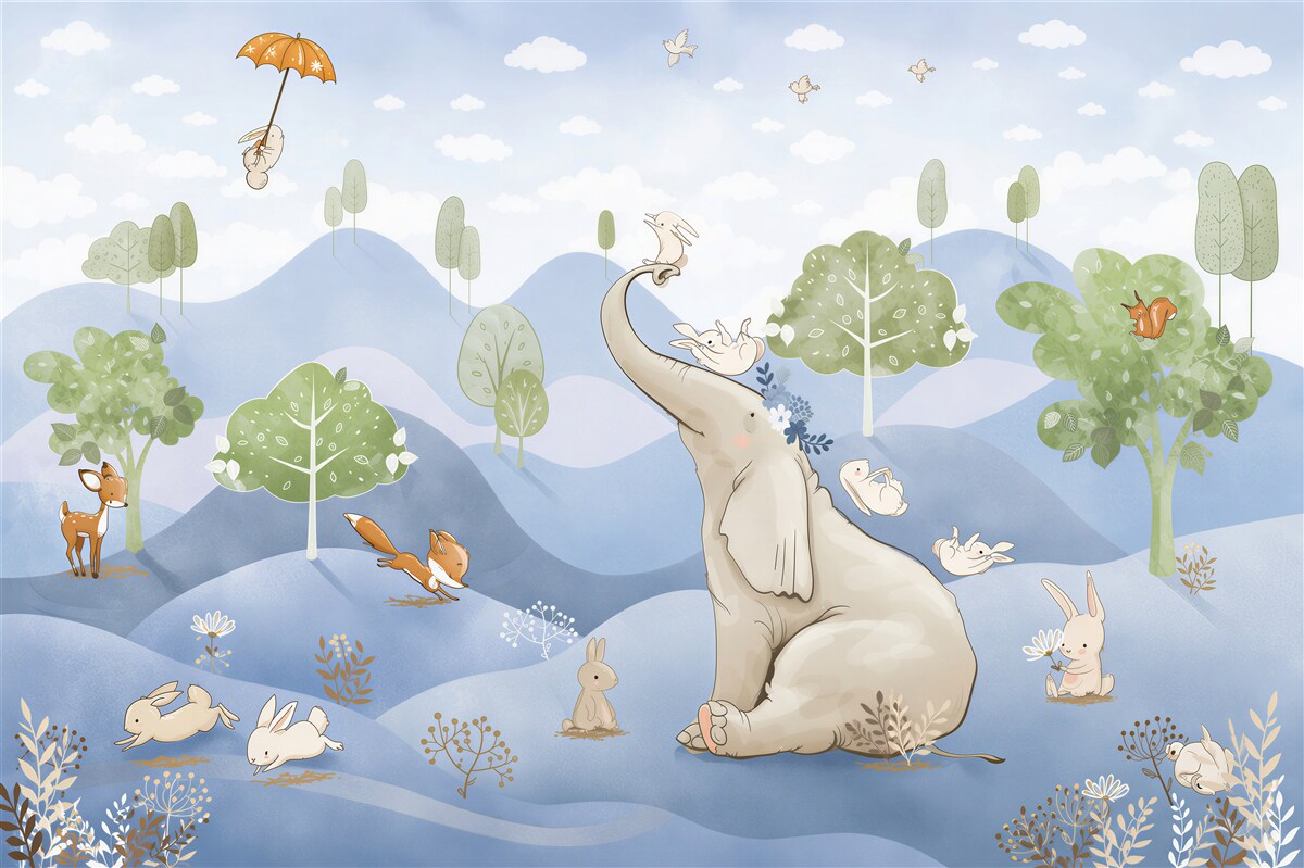Papier peint Éléphant se promène avec ses jeunes amis