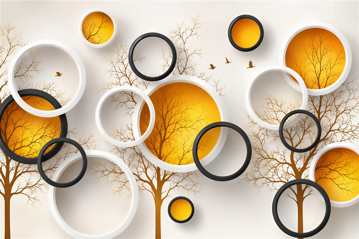 Papier peint Arbres d'automne et cercles blancs avec ambre