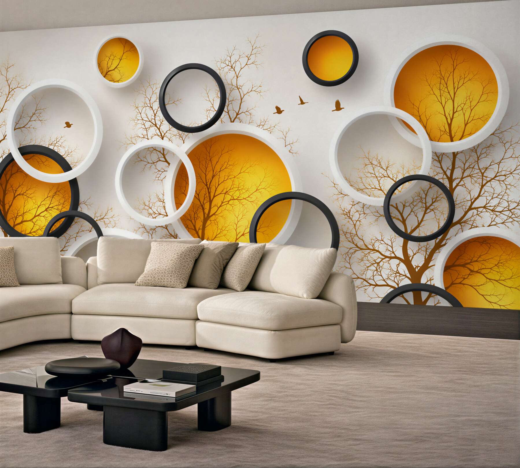 Papier peint Arbres d'automne et cercles blancs avec ambre