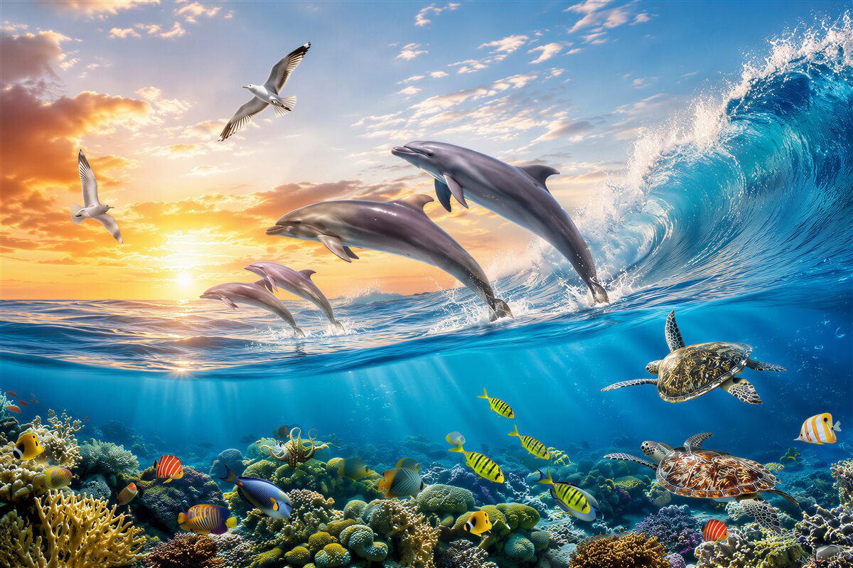 Papier peint Dauphins sautant des vagues