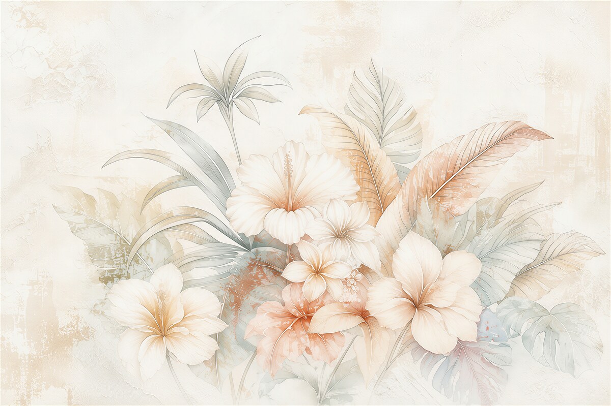 Papier peint Aquarelle feuilles avec fleurs