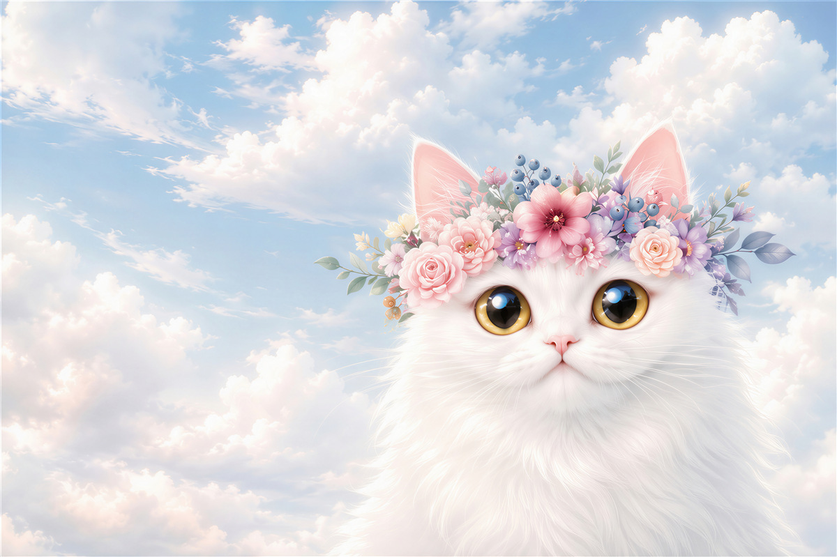 Papier peint Chat dans des fleurs sur fond de nuages