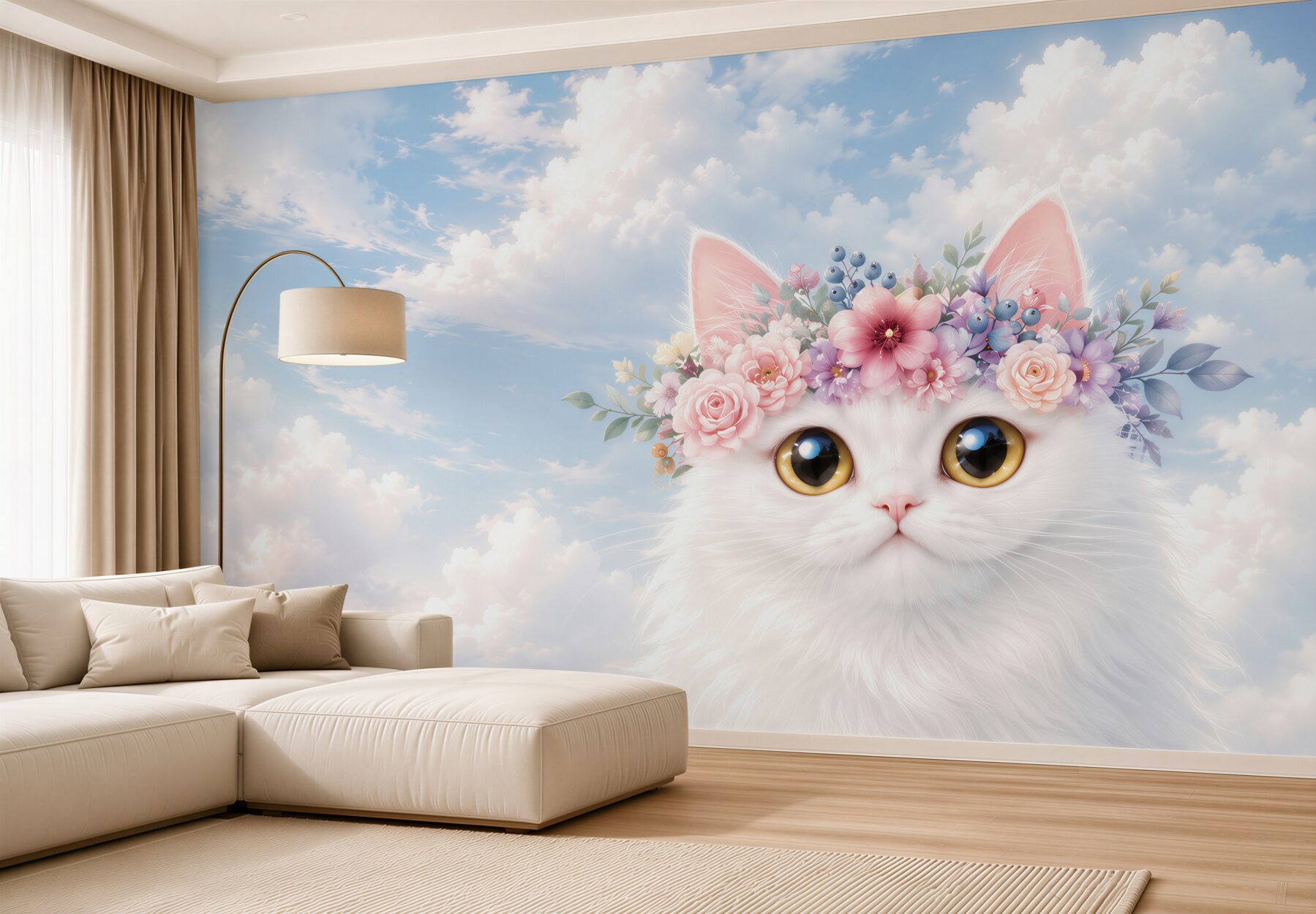 Papier peint Chat dans des fleurs sur fond de nuages