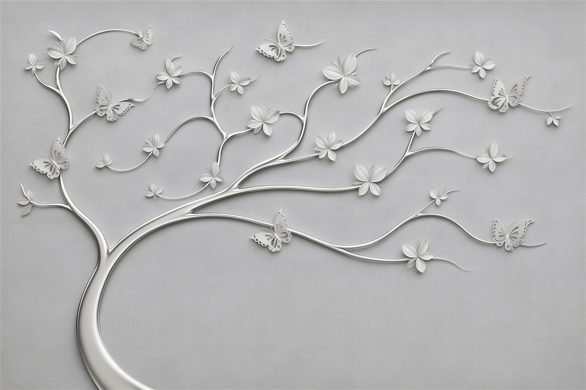 Papier peint Arbre élancé avec des fleurs métalliques