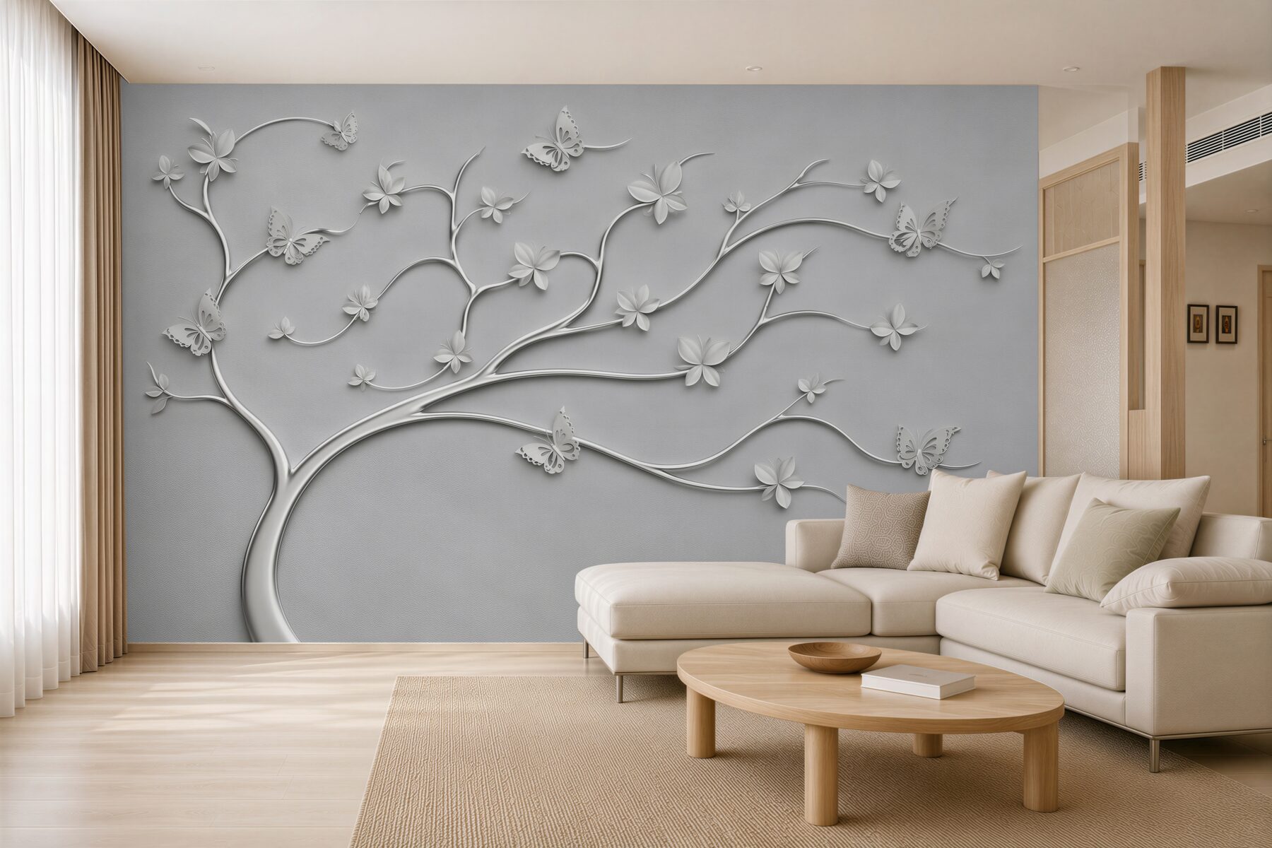 Papier peint Arbre élancé avec des fleurs métalliques
